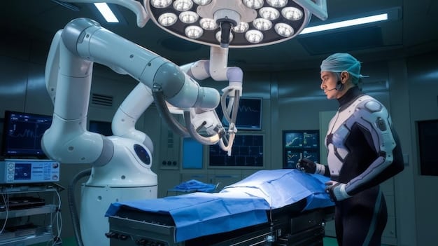 A surgeon operating with the assistance of a robotic arm in a sterile operating room, emphasizing precision, technology, and patient safety in medical robotics.