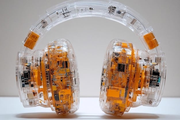 A detailed shot of an internal component of a noise-canceling headphone, possibly showcasing a sophisticated chipset or a driver, emphasizing advanced technology.