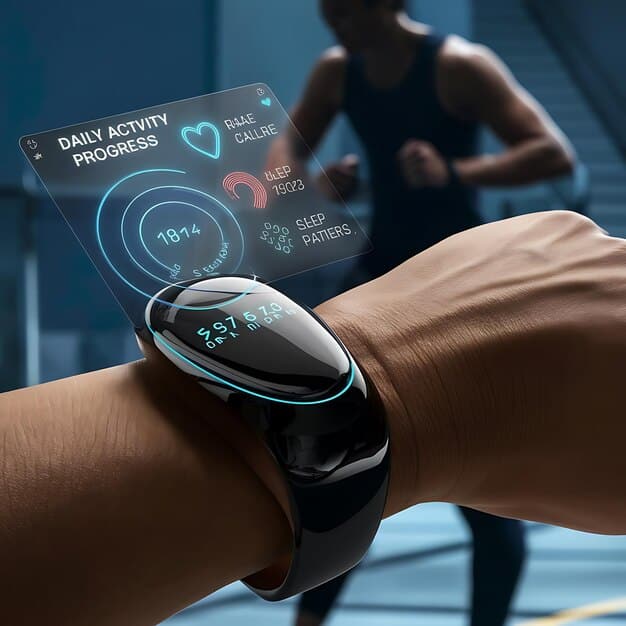 A person wearing a smartwatch connected to a holographic display that shows various health metrics, representing AI-driven remote patient monitoring.