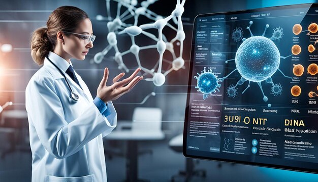 An AI system demonstrating personalized medicine, with a holographic display showing a patient's genetic profile being matched with various drug compounds.