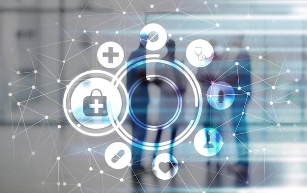 A visual representing data security and privacy in healthcare, with encrypted digital locks and shields protecting patient information flows, superimposed on a network of healthcare facilities.