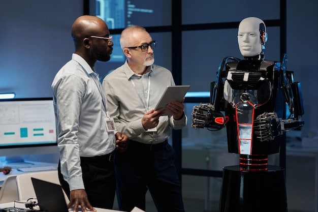 A diverse group of engineers and technicians collaborating around a robot, discussing schematics on a holographic display, emphasizing human-robot interaction.