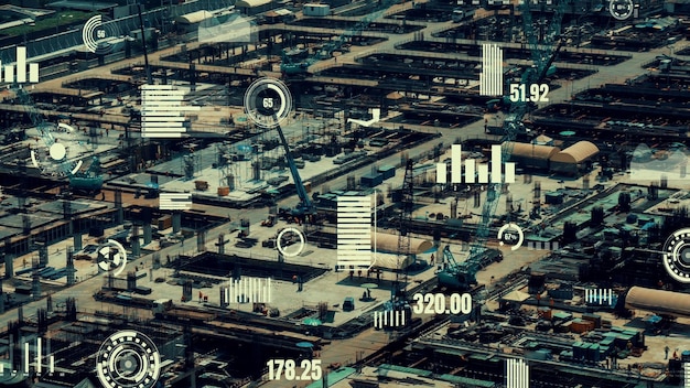 A detailed diagram showing data flow and cybersecurity measures within a complex robotic manufacturing plant, with secure network symbols.