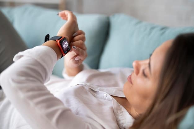 A person's hand wearing a sleek, modern smartwatch, with the background showing a blurry bedroom in the early morning light. The smartwatch display lightly shows a sleep score or readiness metric.
